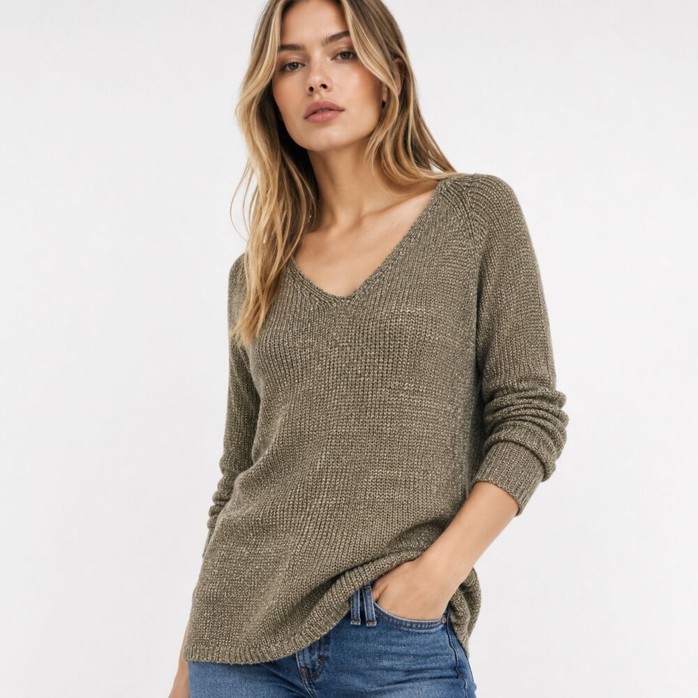Metallic Olive Green V Neck Sweater Soft Grunge Shimmer Knit Brave Soul Indie M